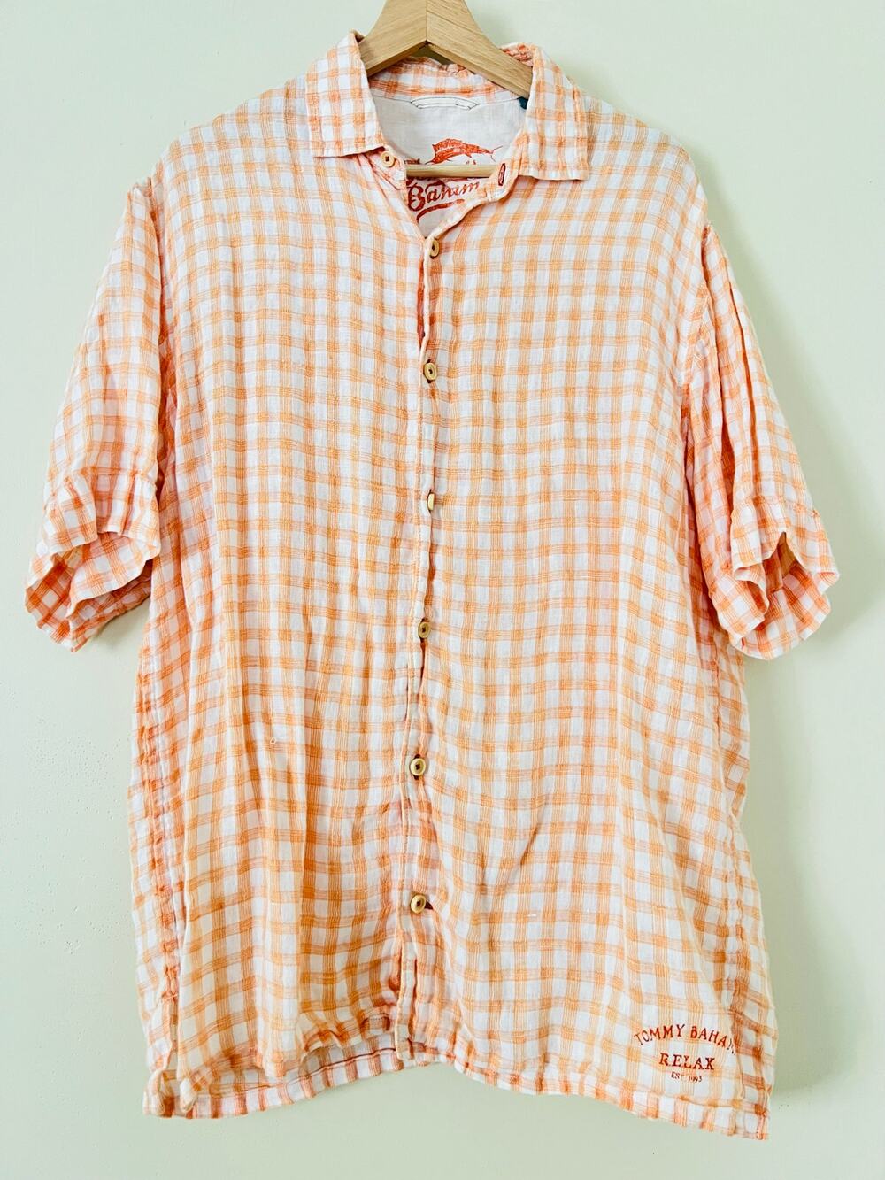 Tommy Bahama Linen Orange White Check Men's Printed Button-Up Shirt Top Medium
